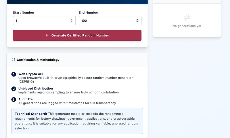 Certified Random Number Generator and Independent Lab Verification